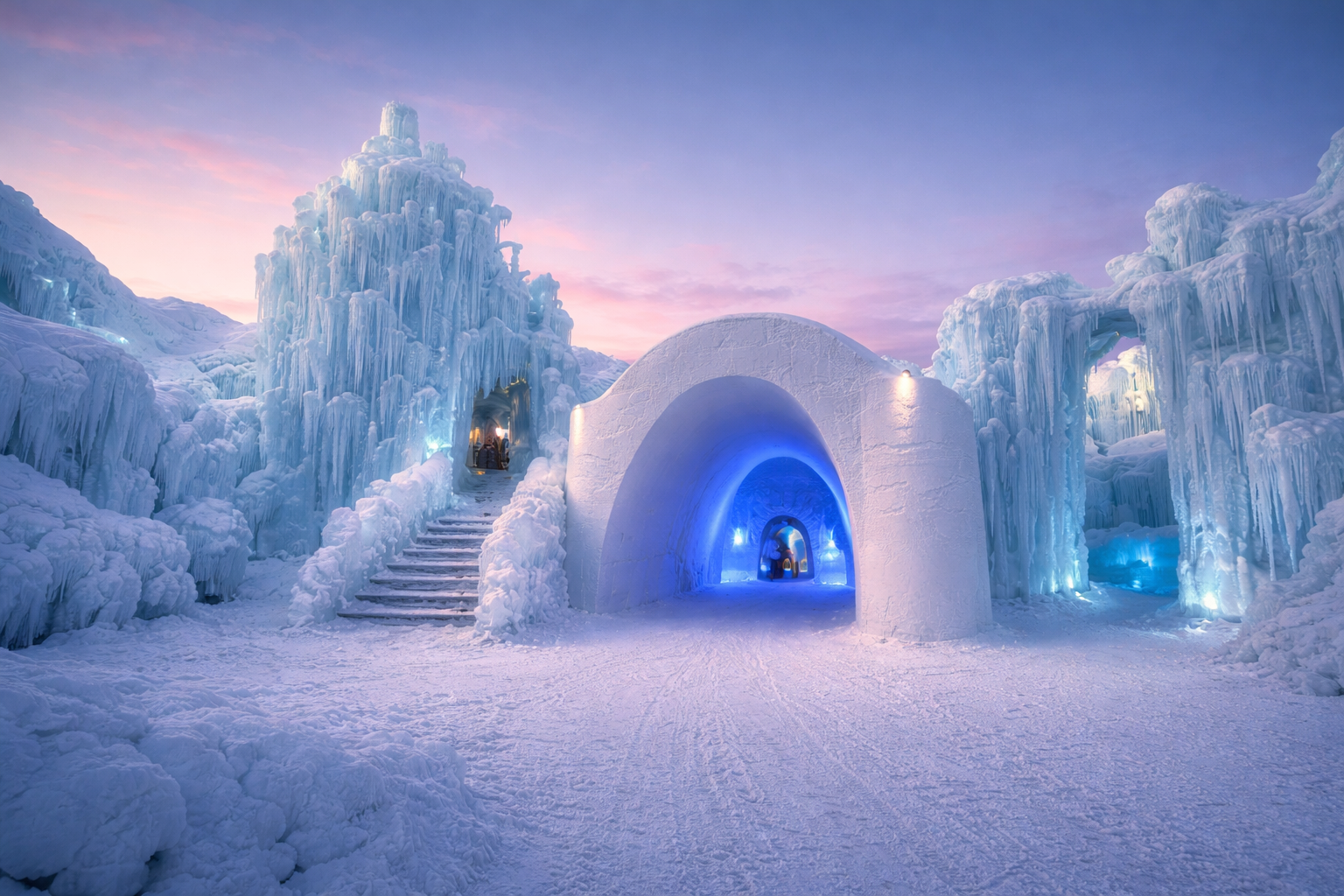 LUMICE ice castle glowing at twilight