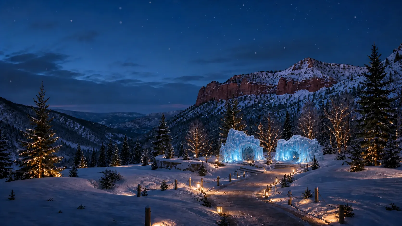 Concept rendering of a snowy mountain landscape illuminated at twilight